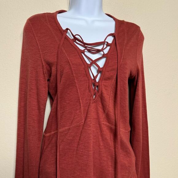free people | lucky lace up burnt orange long sleeved boho women's top sz S - Picture 2 of 9